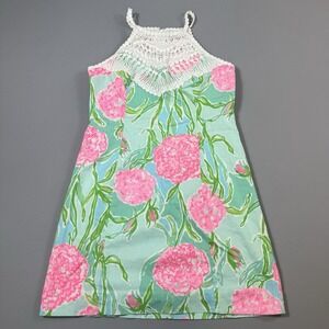 Lilly Pulitzer Pearl Shift Dress Womens 8 Poolside Blue Halter Crochet Floral